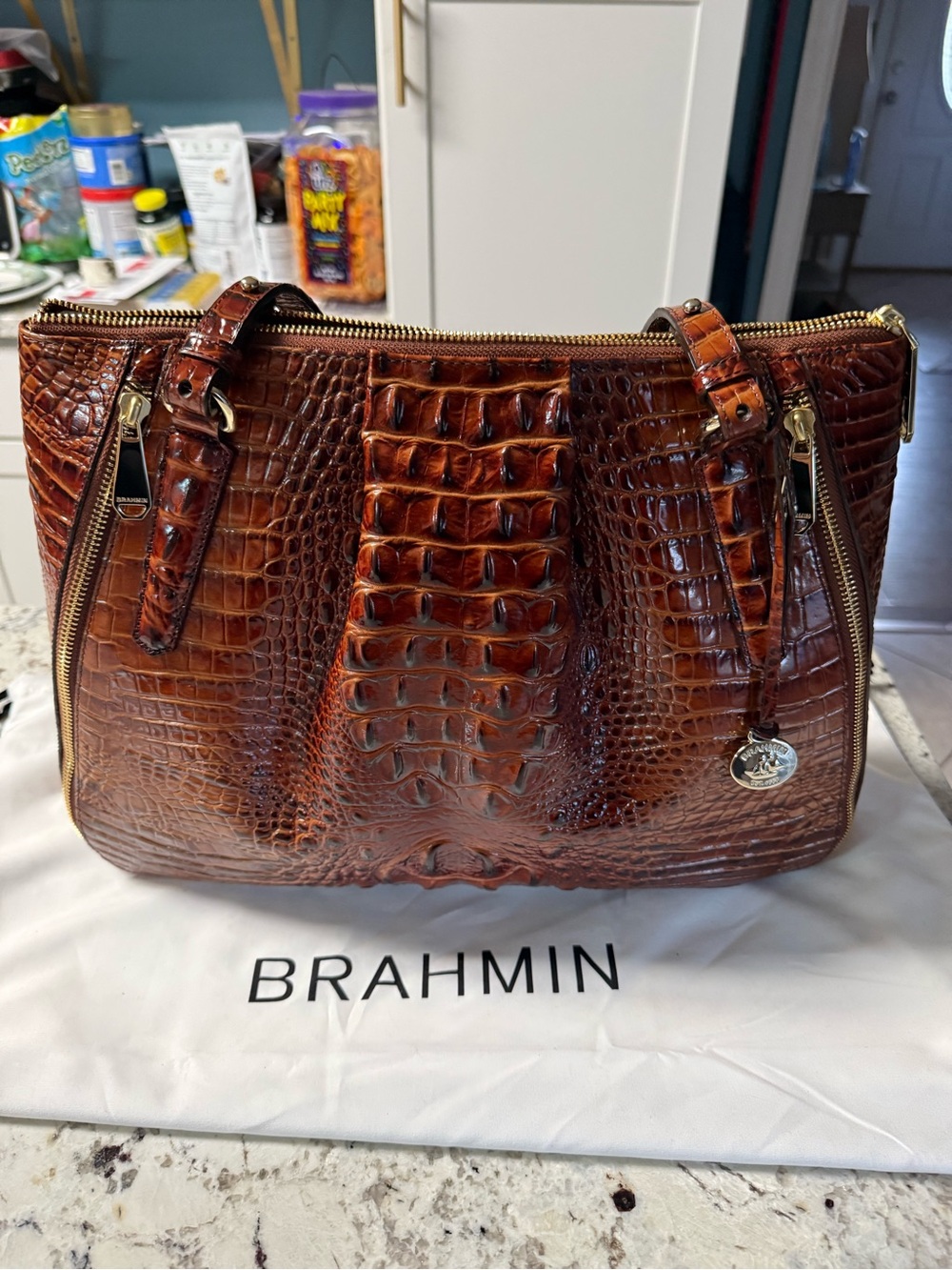 Brahmin Cognac Croc-Embossed Leather Shoulder Bag